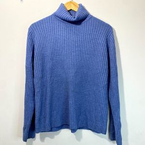 LL Bean 100% Merino Wool Blue Ribbed Knit Turtleneck Sweater Women's XL